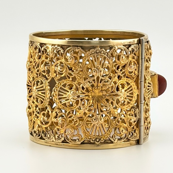RARE Vintage Napier Gold Plated Brass Filigree Cuff With Carnelian Cabochons. - Picture 3 of 13